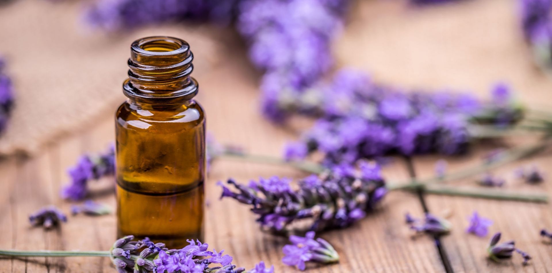 A bottle of essential oil is surrounded by purple flowers on a wooden table.