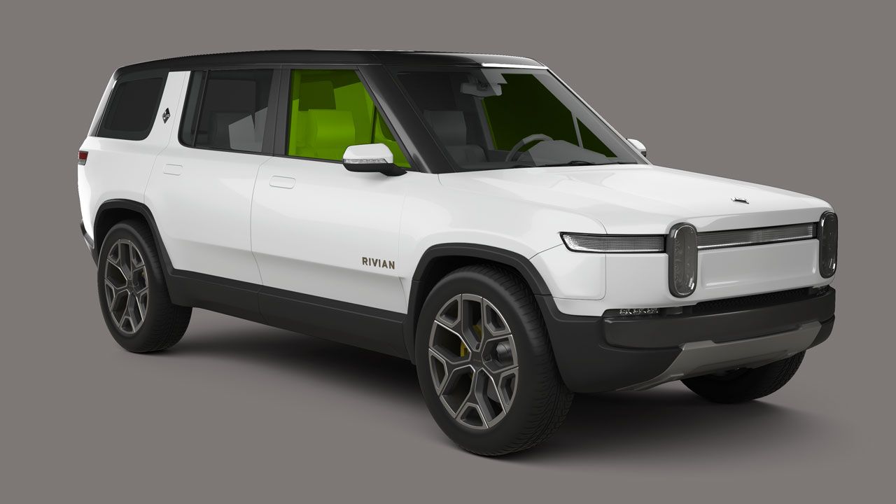 A white suv with a green seat is on a gray background.