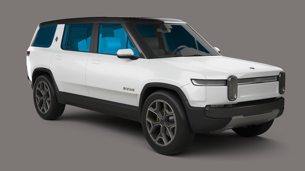 A white suv with blue windows is on a gray background.