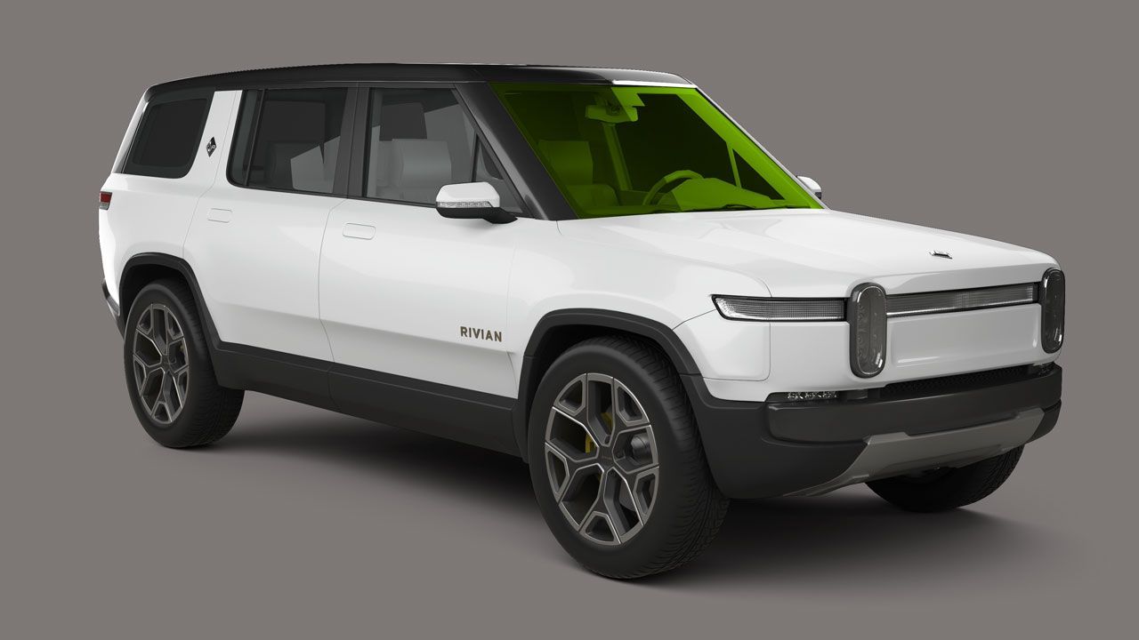 A white suv with a green windshield on a gray background.