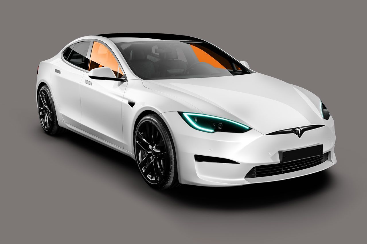 A white Tesla Model S sedan with black wheels and a panoramic sunroof, shown from the front-quarter angle.