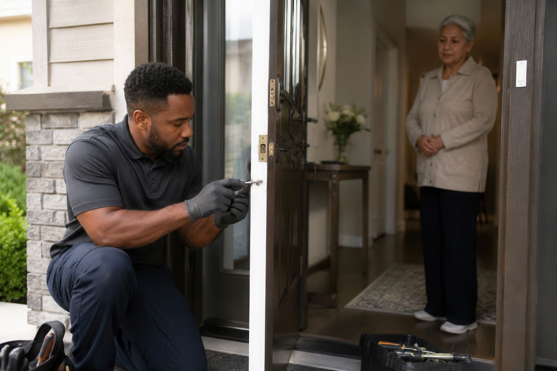 Installer fits the lockset on a glass front door during entry door replacement as a woman watches.