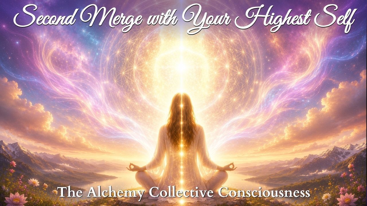 Radiant meditating figure beneath glowing light, with cosmic purple-gold energy and text overlay.