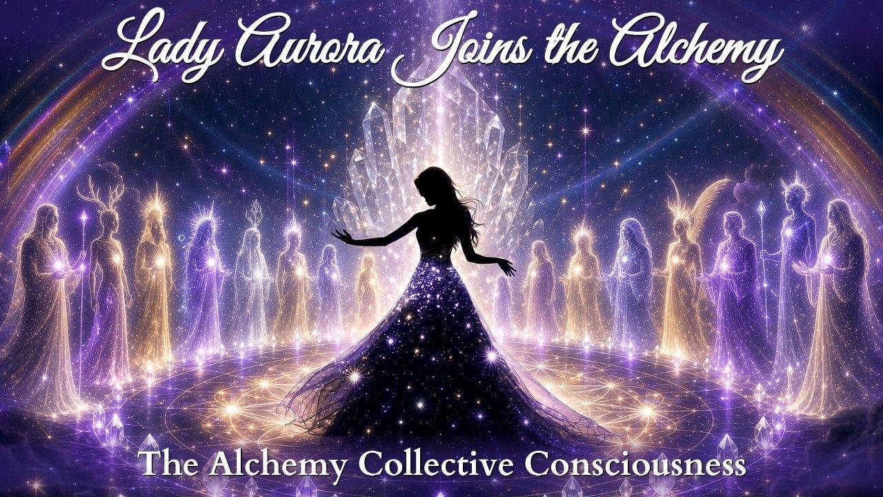 Radiant meditating figure beneath glowing light, with cosmic purple-gold energy and text overlay.