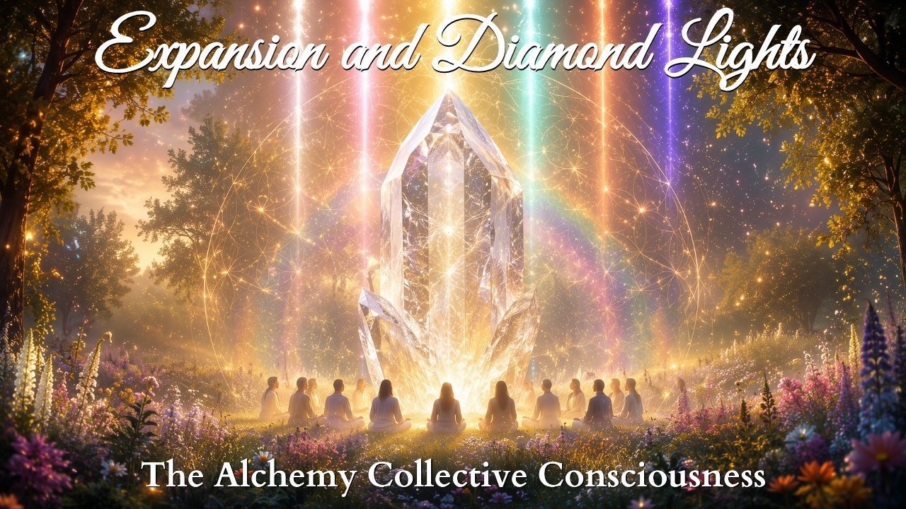 Glowing crystal in a forest with rainbow light and silhouetted figures; text reads “Expansion and Diamond Lights”