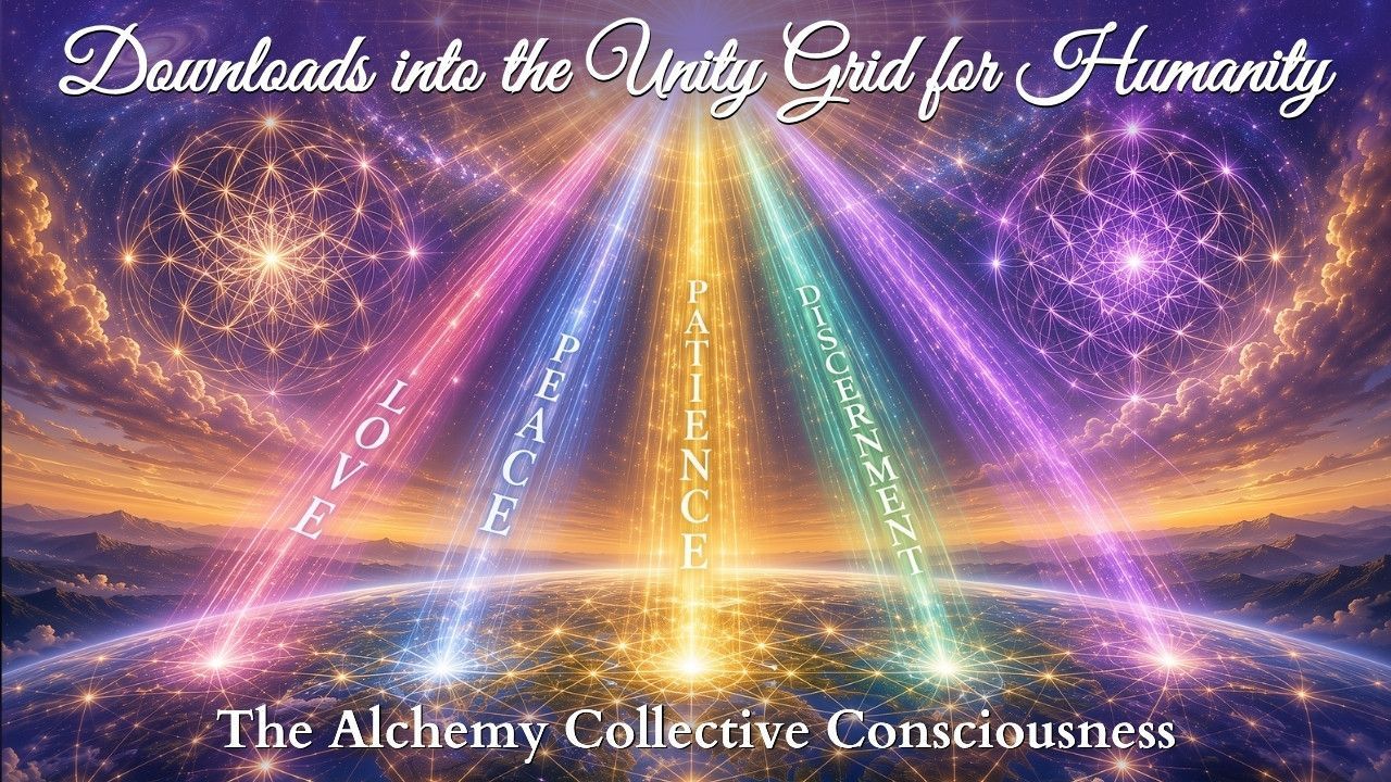 Glittering rainbow beams over a glowing golden landscape with text: “Downloads into the Unity Grid for Humanity.”