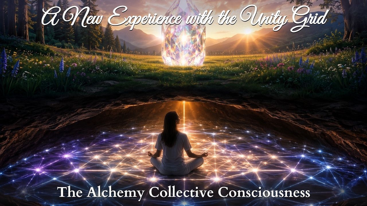 Silhouetted meditator in glowing cosmic field beneath radiant portal, with “A New Experience with the Unity Grid” text