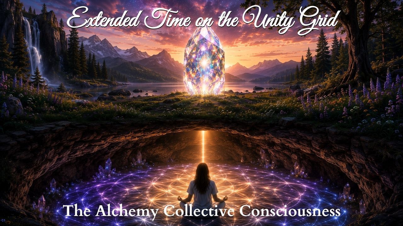 Glowing crystal portal over a forest reflection at sunset with text: “Extended Time on the Unity Grid.”