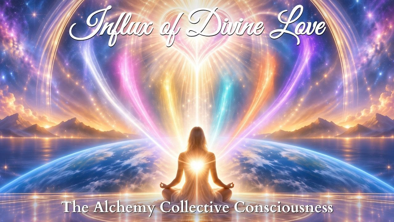 Silhouetted figure in glowing light beneath a radiant heart-shaped sky with “Influx of Divine Love” text