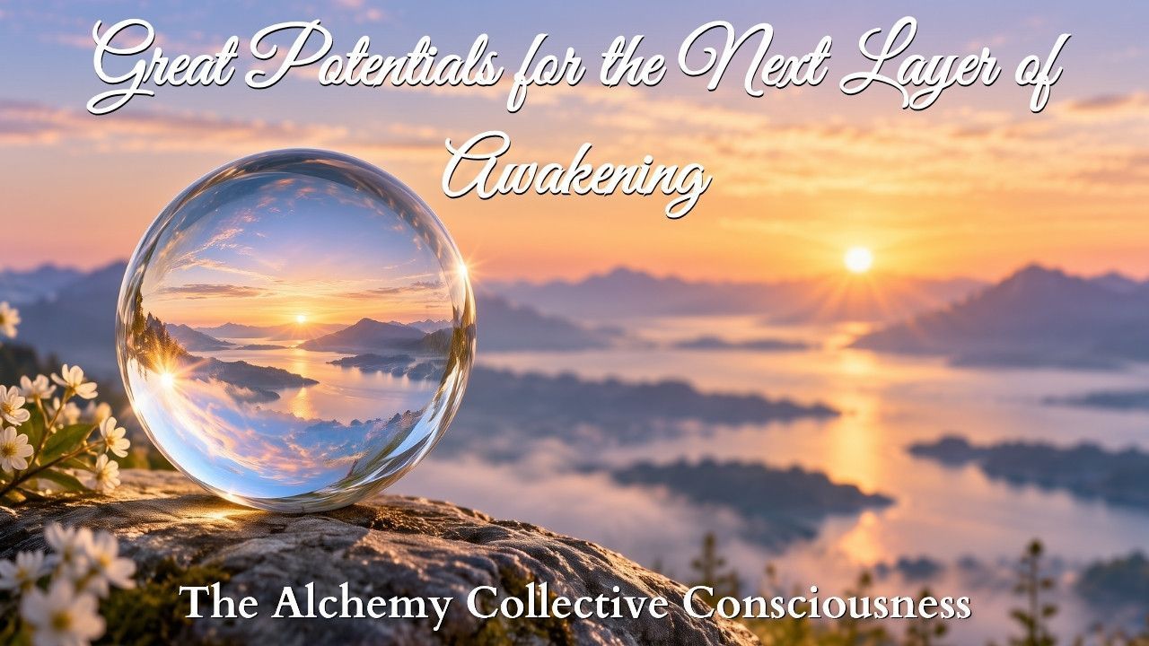 Sunrise over misty mountains with a crystal sphere and text: “Great Potential for the Next Layer of Awakening”