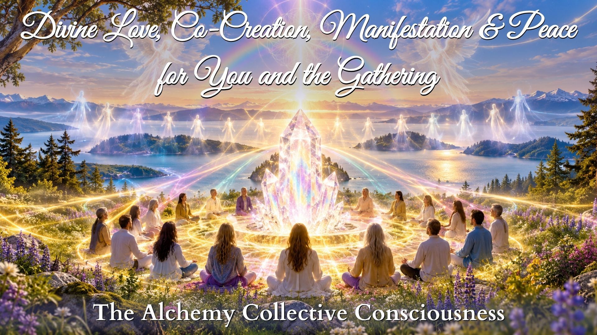 Sunset meditation circle on a hill with golden light and rainbow over a glowing crystal