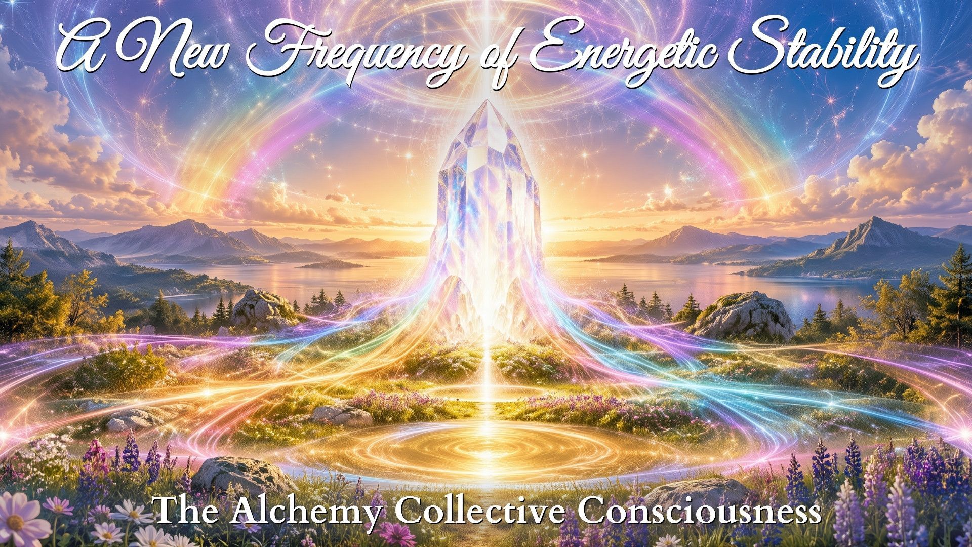 Glowing tree of light over a serene landscape with rainbows and stars, titled “A New Frequency of Energetic Stability”