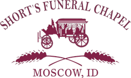 Short's Funeral Chapel logo featuring a horse-drawn hearse and wheat, with