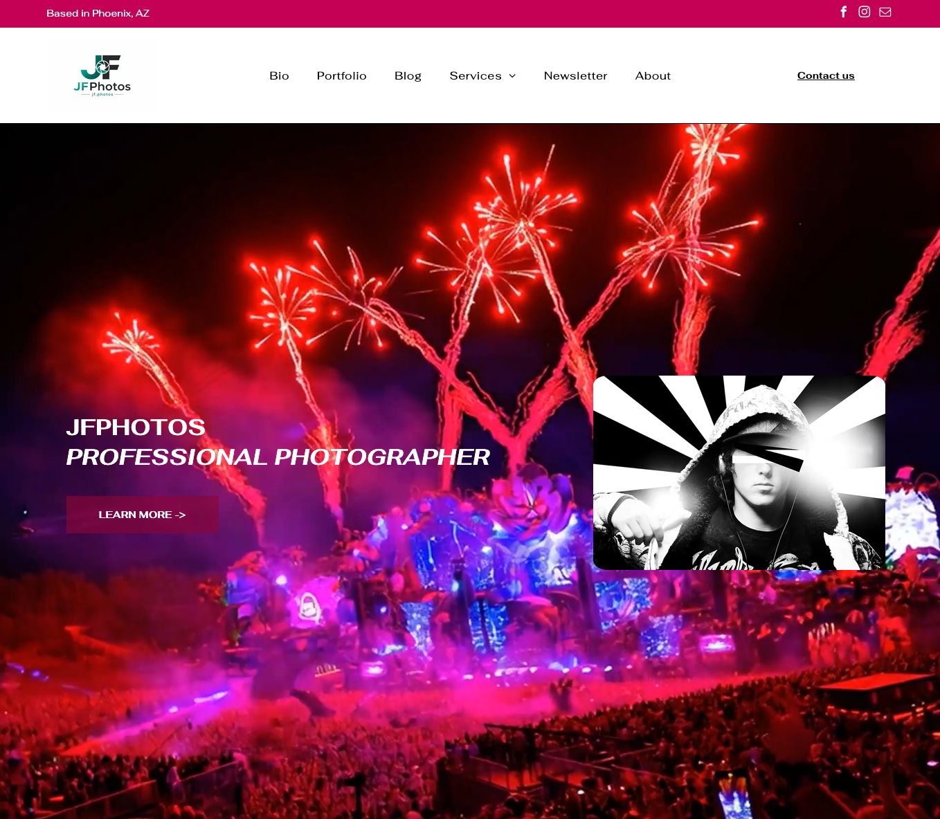 Concert scene with red fireworks, purple lights, and text “JEPHOTOS PROFESSIONAL PHOTOGRAPHY”