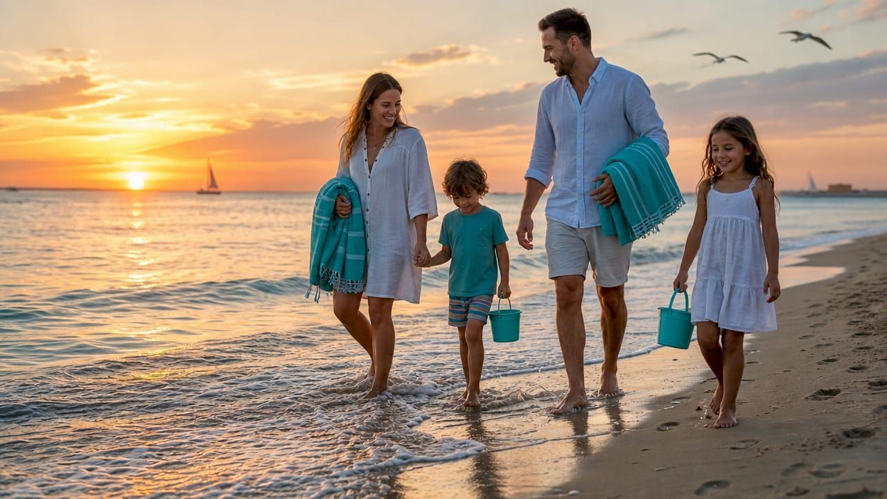 Family walking along the beach at sunset, carrying towels and a boogie board.
