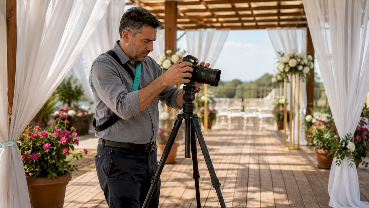 Photographer adjusting a camera on a tripod in a sunlit outdoor wedding pavilion with white drapes and flowers