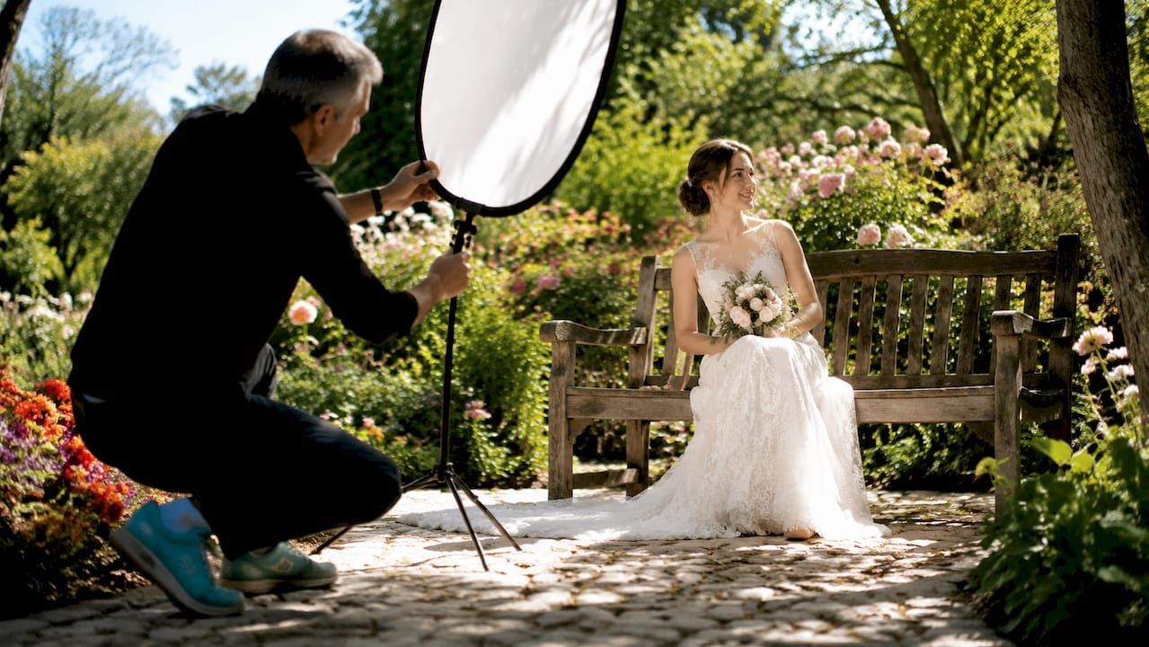 Wedding photographer capturing a bride seated on a garden bench in a sunlit outdoor setting.