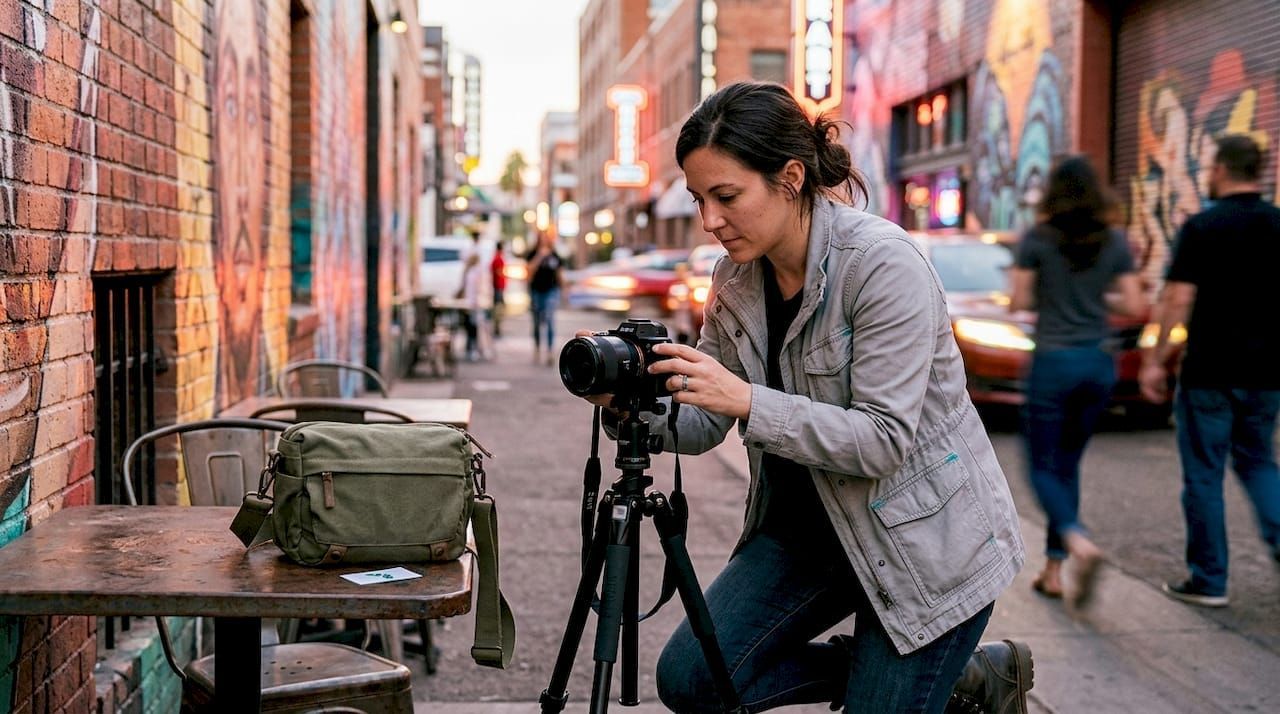 Woman adjusts a camera on a tripod beside a brick wall in a narrow city alley.