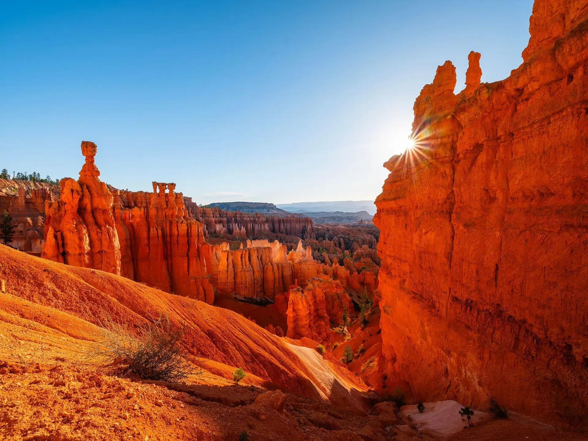 Sunlit orange canyon cliffs and hoodoos under a clear blue sky
