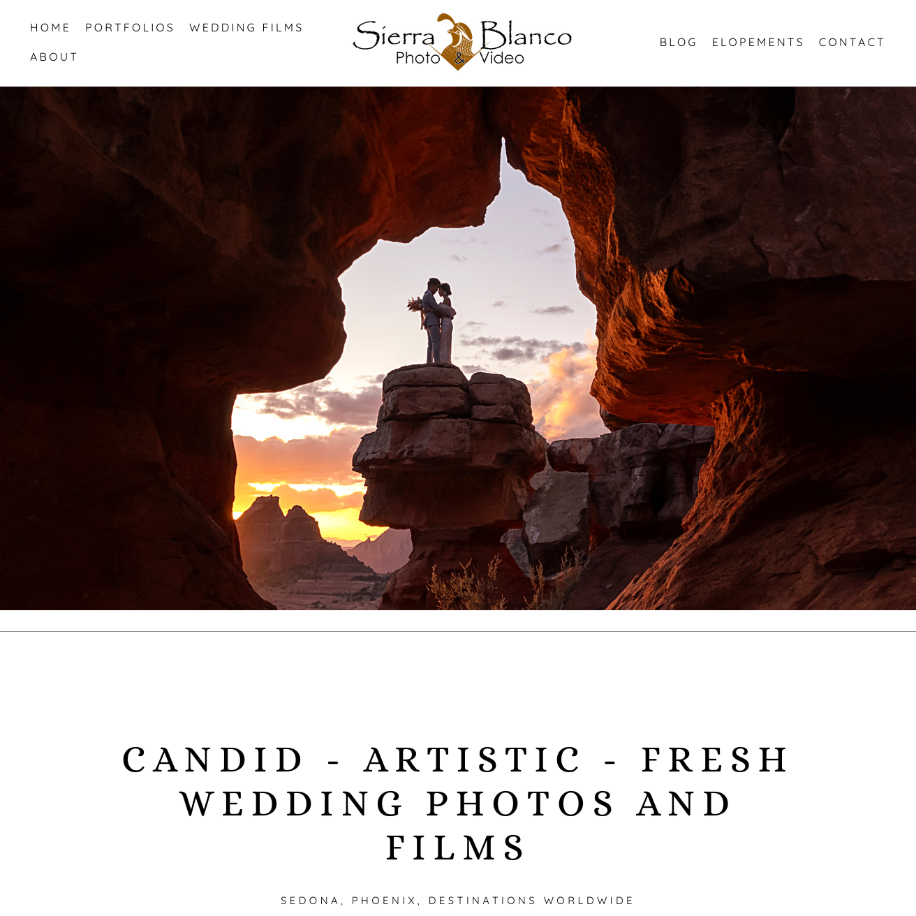 Silhouette of a photographer on a canyon ledge at sunset, with “Sierra Blanco” wedding photography text above and below