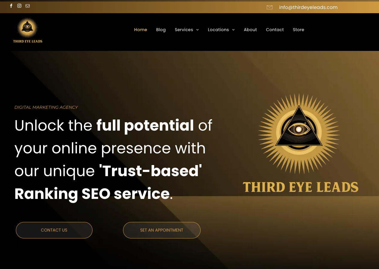 Golden-black SEO website homepage promoting “Third Eye Leads” ranking SEO services with call-to-action buttons.