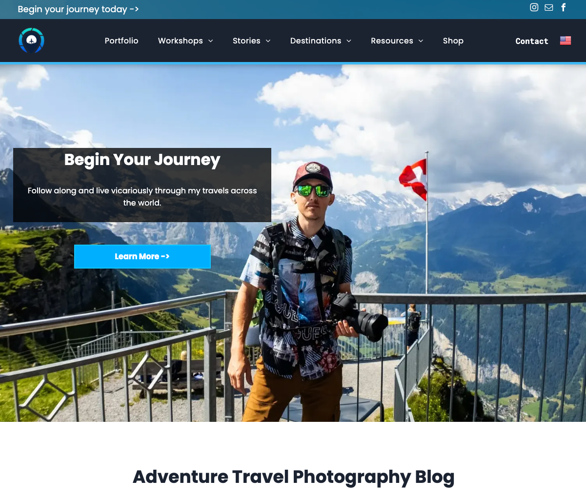 Traveler standing on mountain lookout with Canadian flag, snowy peaks, and “Begin Your Journey” banner