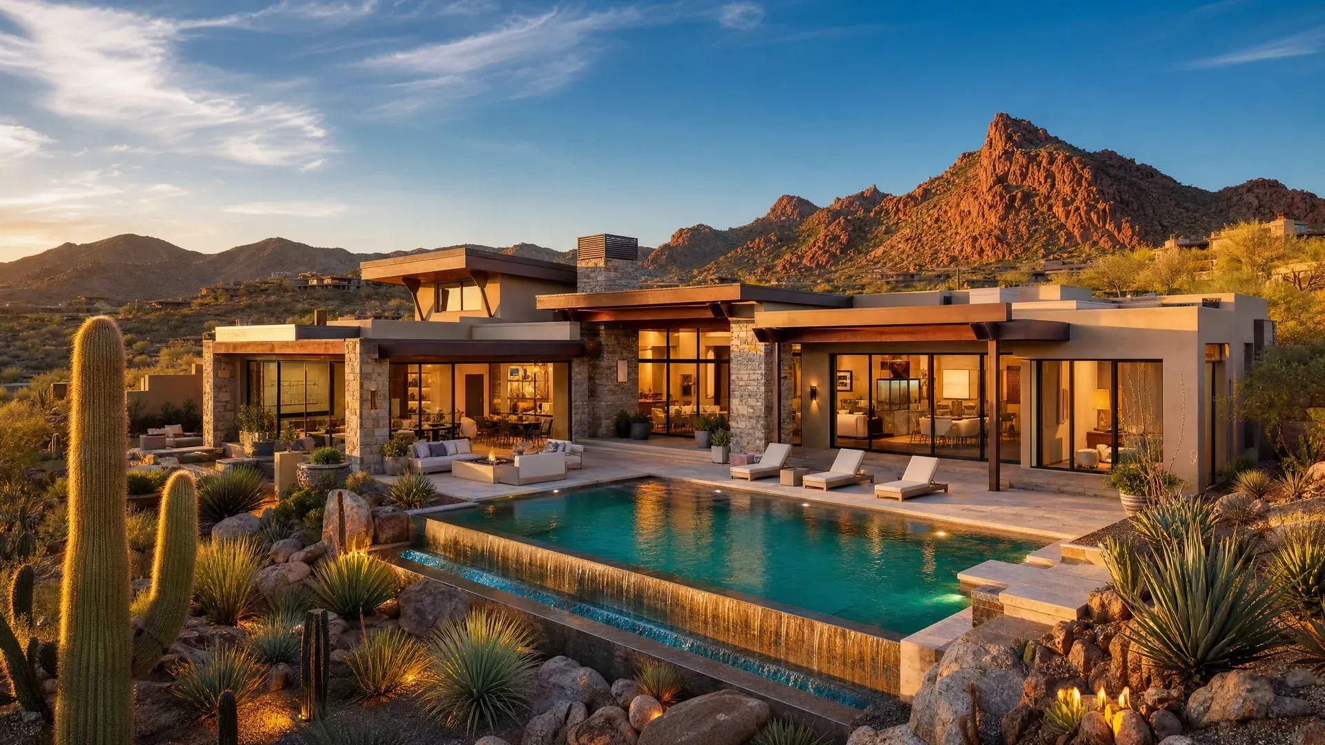 Luxury desert home with a lit patio and turquoise pool at sunset, framed by cacti and mountains