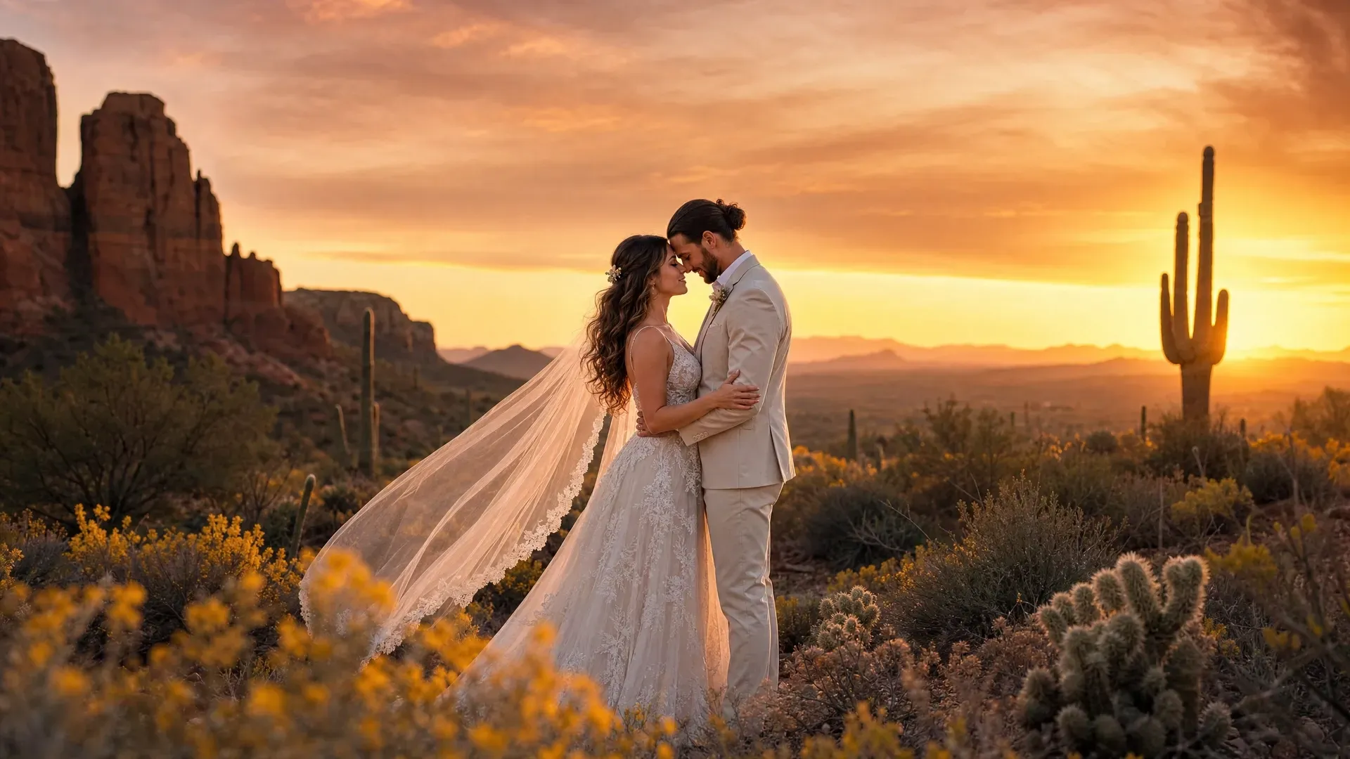 Couple in white wedding attire embracing at sunset in a desert landscape with cacti and red rock cliffs