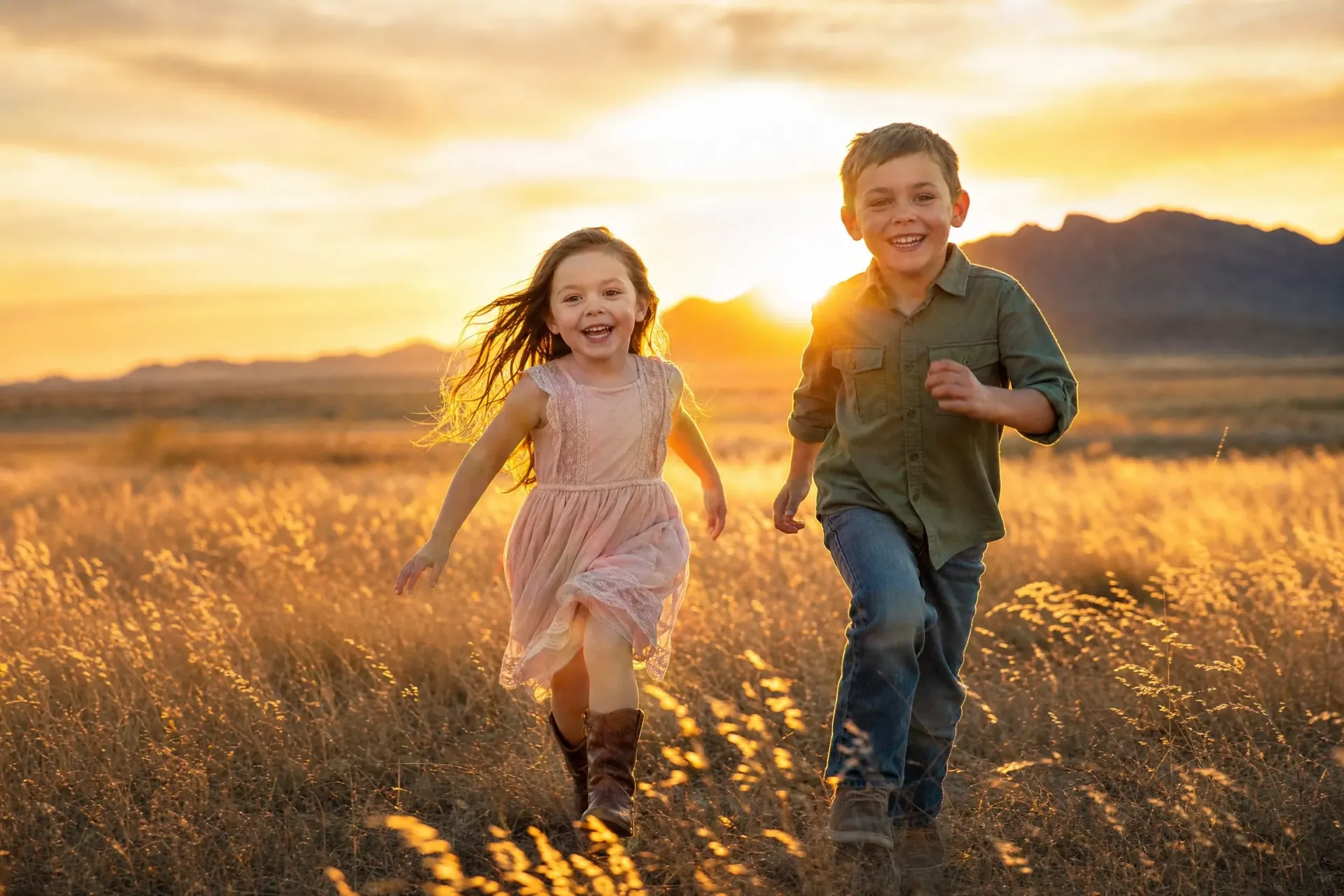 Two children running through a sunlit field at sunset