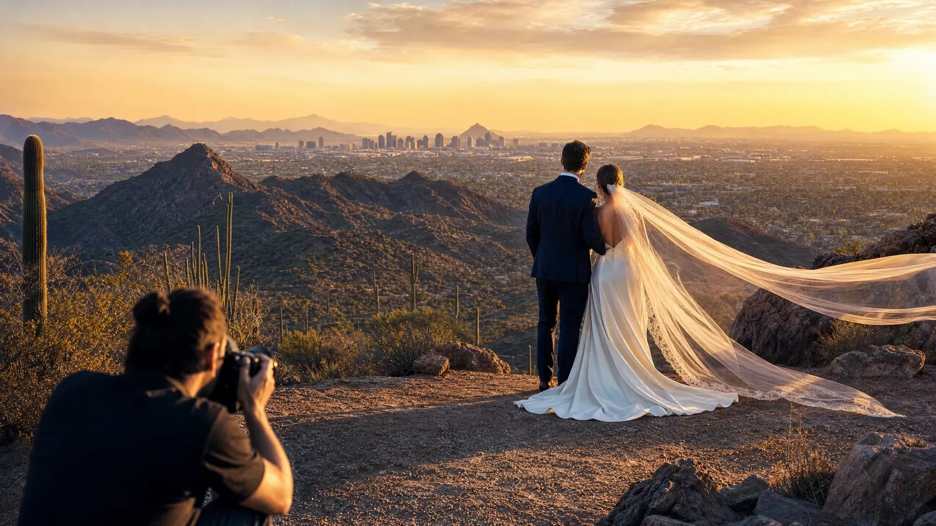 Couple in wedding attire overlooking a city skyline at sunset while a photographer captures the moment