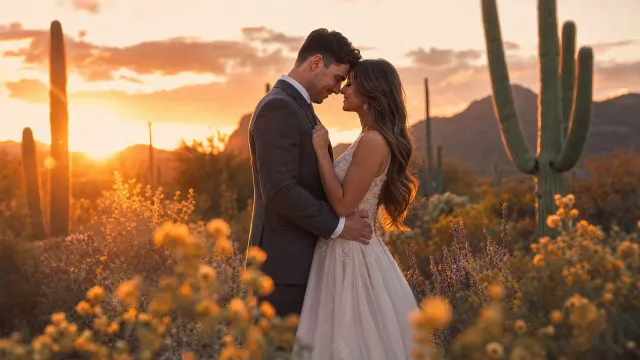 Couple embracing at sunset in a desert with cacti and warm orange light