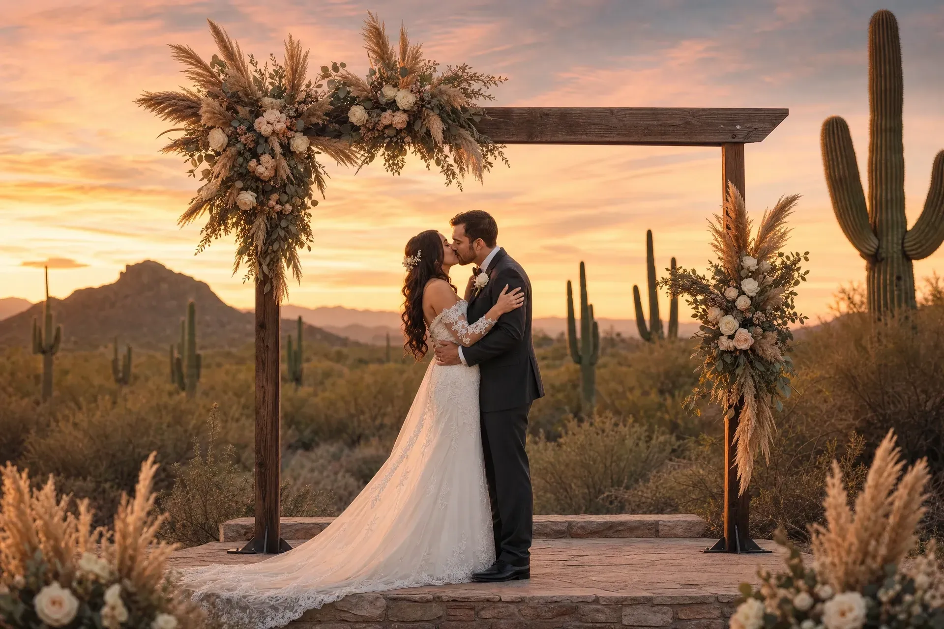 Bride and groom embrace under a floral arch at sunset in a desert landscape