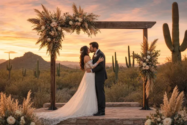Bride and groom embrace beneath a floral arch at sunset in a desert landscape.