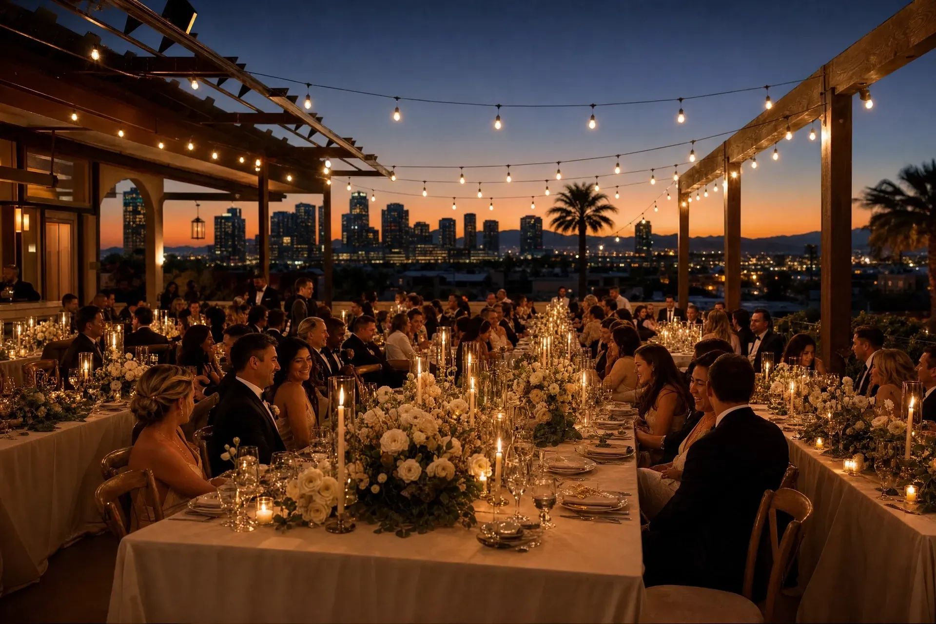 Elegant rooftop dinner party at sunset with string lights, candlelit tables, and a city skyline backdrop