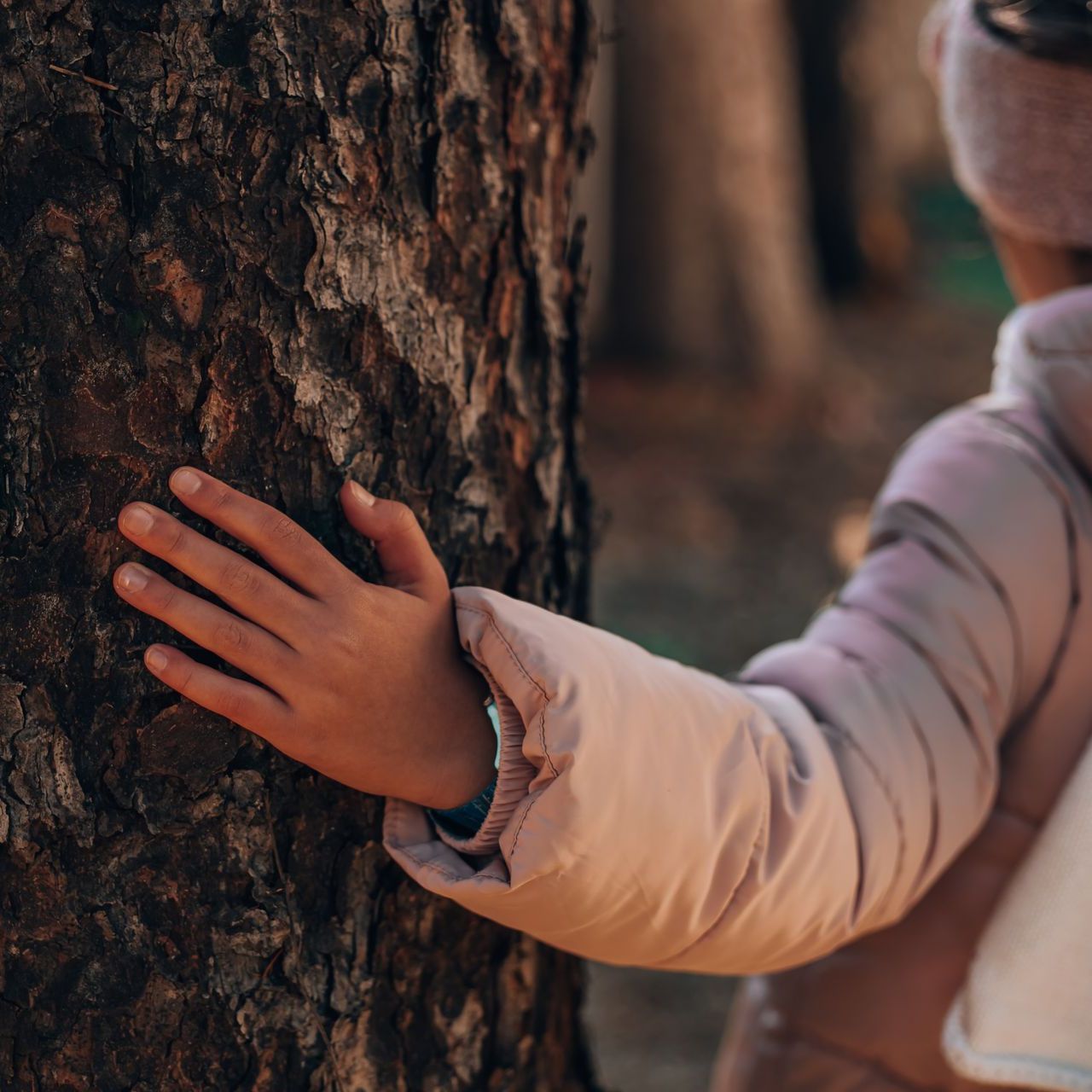 A little girl is hugging a tree with her hand