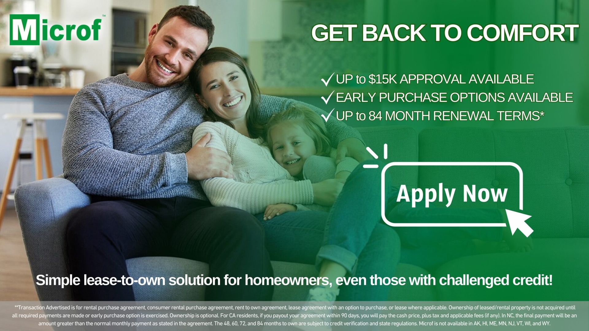Family smiling on a couch; Microf ad for home purchase. Text: