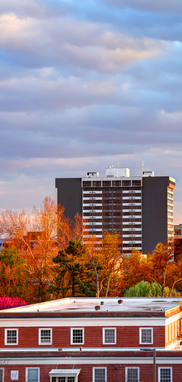 Autumn cityscape with a red brick building, orange trees, and a high-rise under a cloudy sky