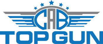 Top Gun logo with blue wings and stars around stylized letters CHB