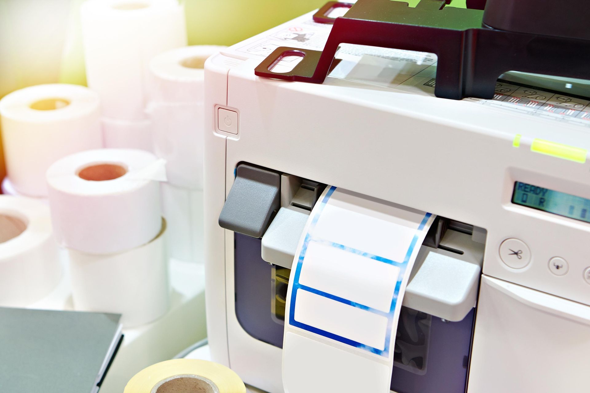 Label printer printing blue-striped labels beside rolls of blank labels