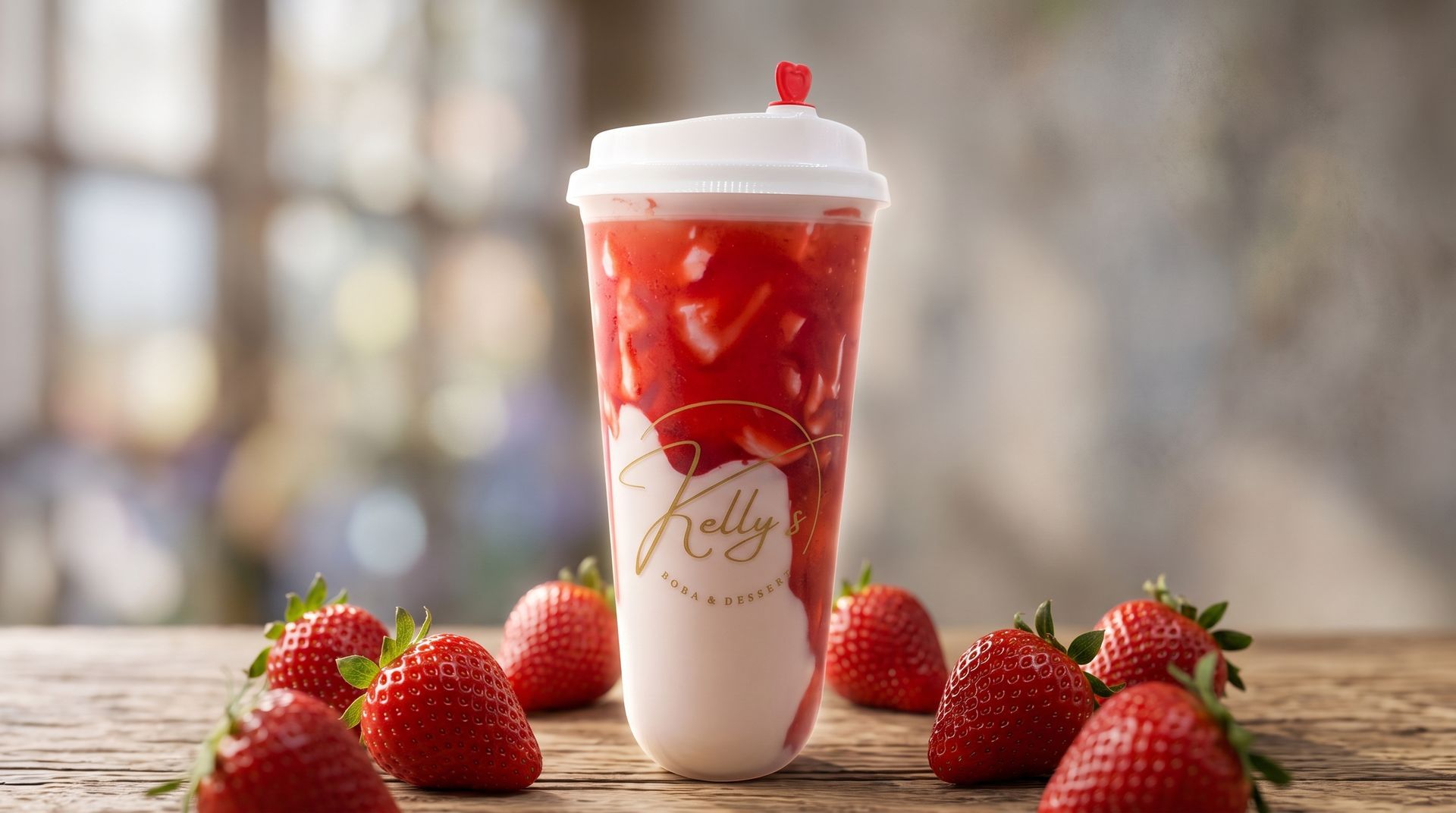 Strawberry smoothie in a clear cup with whipped topping, surrounded by fresh strawberries on a wooden table.