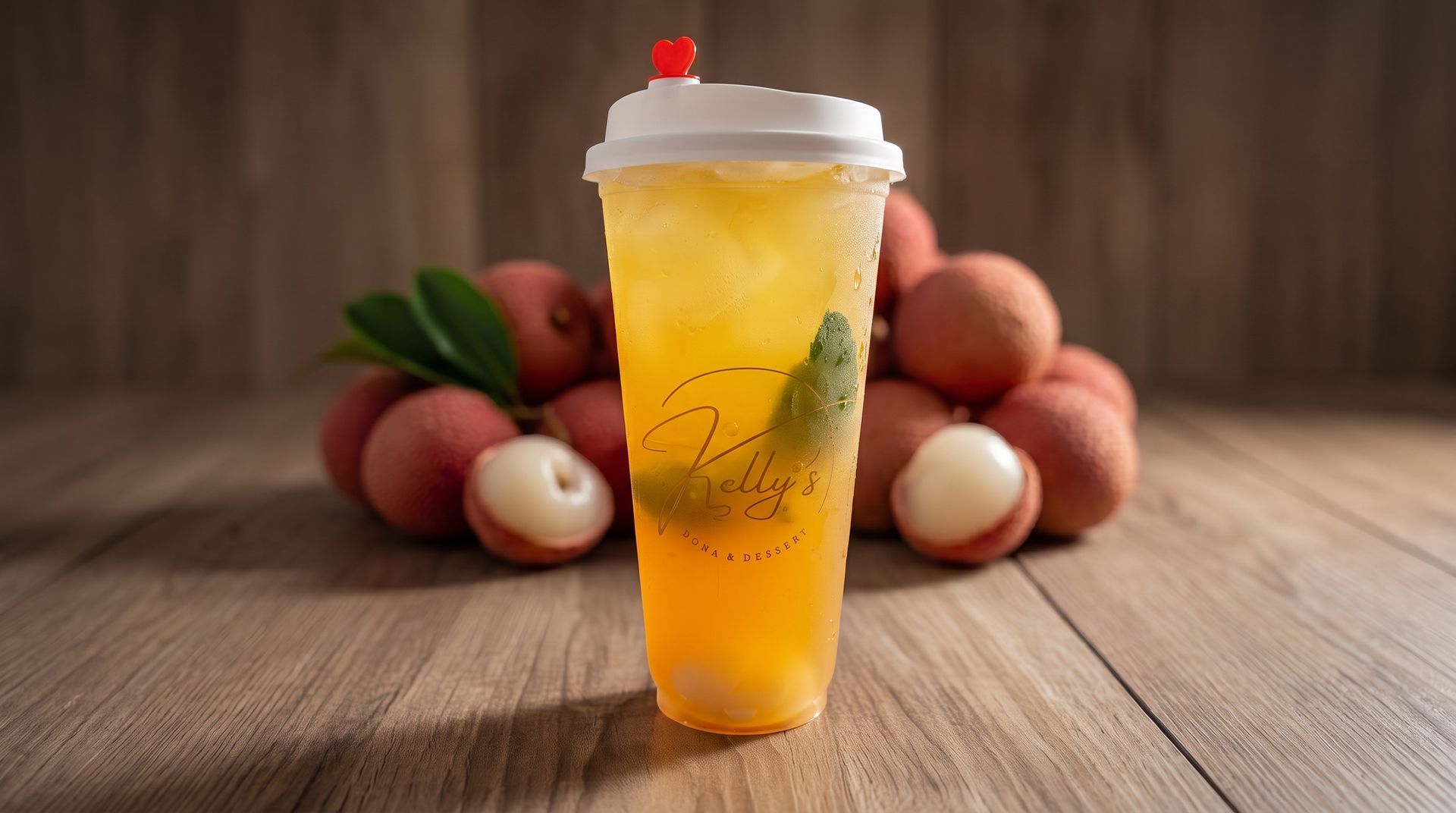 Plastic cup of orange drink with lemon and mint, topped with a red straw, on a wooden table with peaches behind it