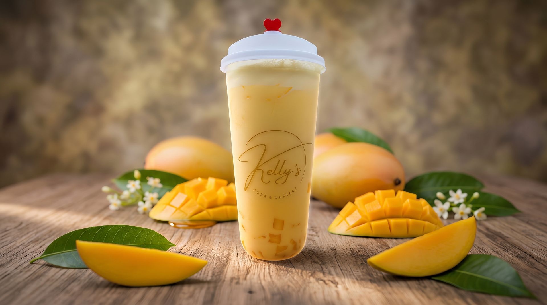 Mango smoothie in a clear cup with whole and sliced mangoes on a rustic wooden table