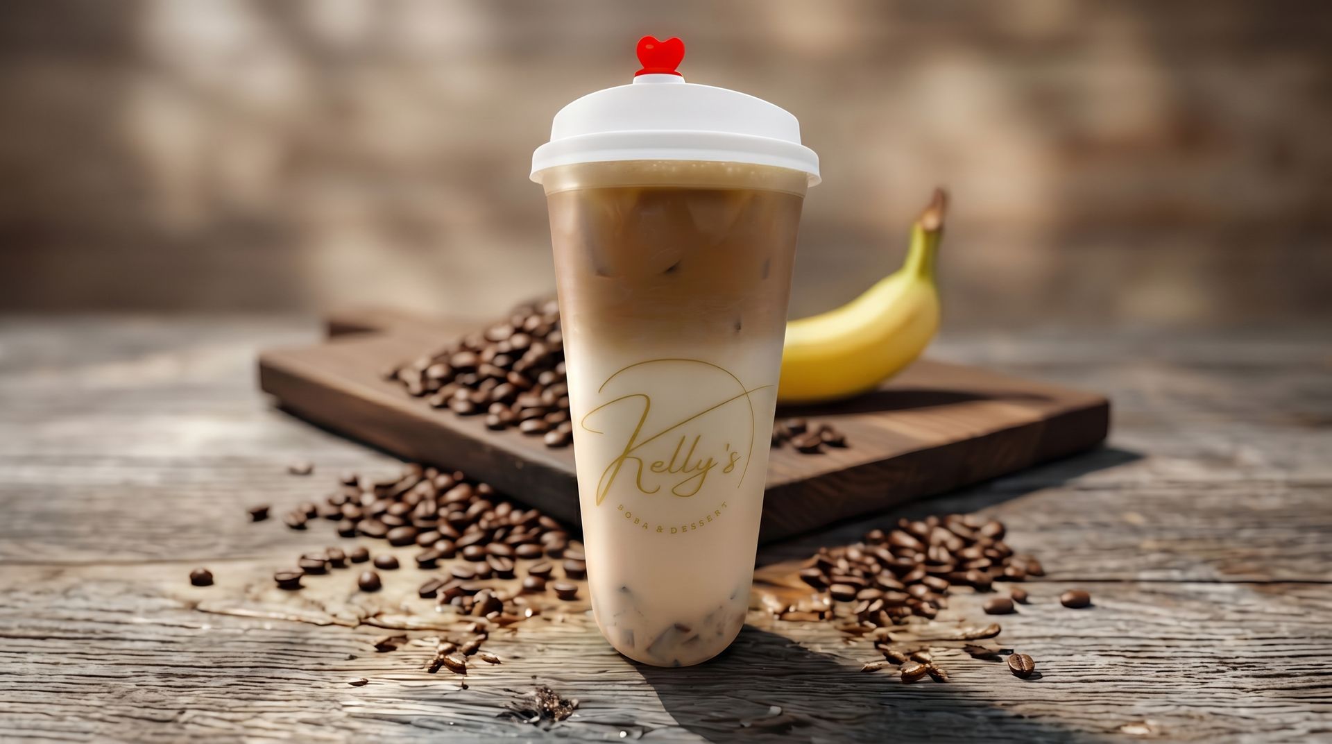 Iced coffee in a clear cup with whipped cream and a red heart topper, beside coffee beans and a banana on wood table
