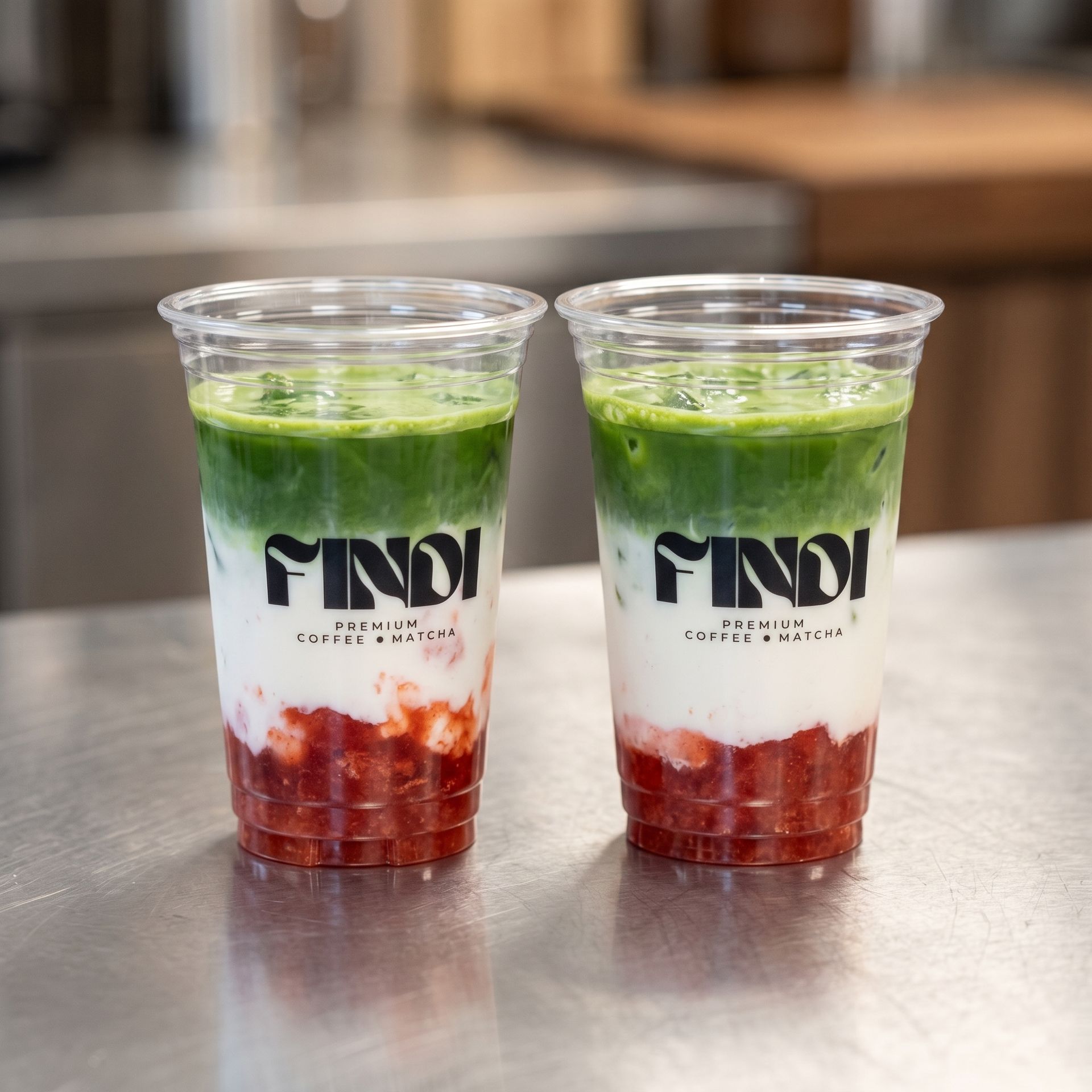 Two clear cups of layered red, white, and green dessert drinks on a table