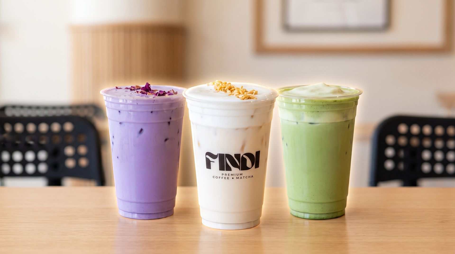 Three iced drinks—purple, white, and green—lined up on a wooden table in a cafe.