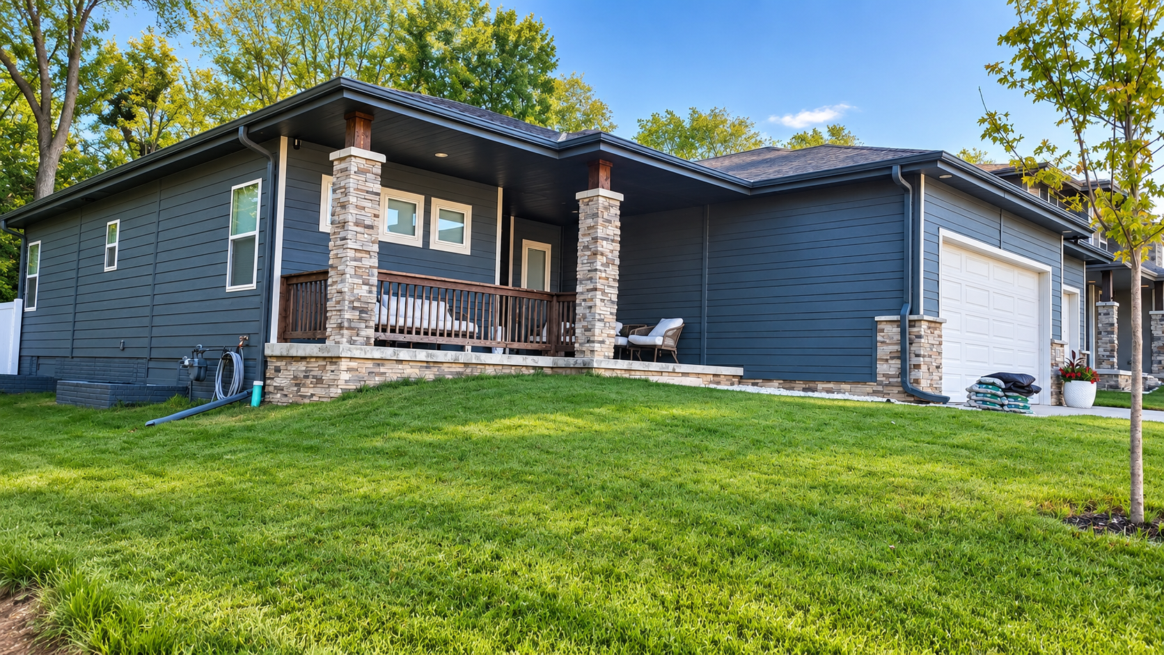 Single-story dark gray house with stone porch and attached garage on a sunny green lawn