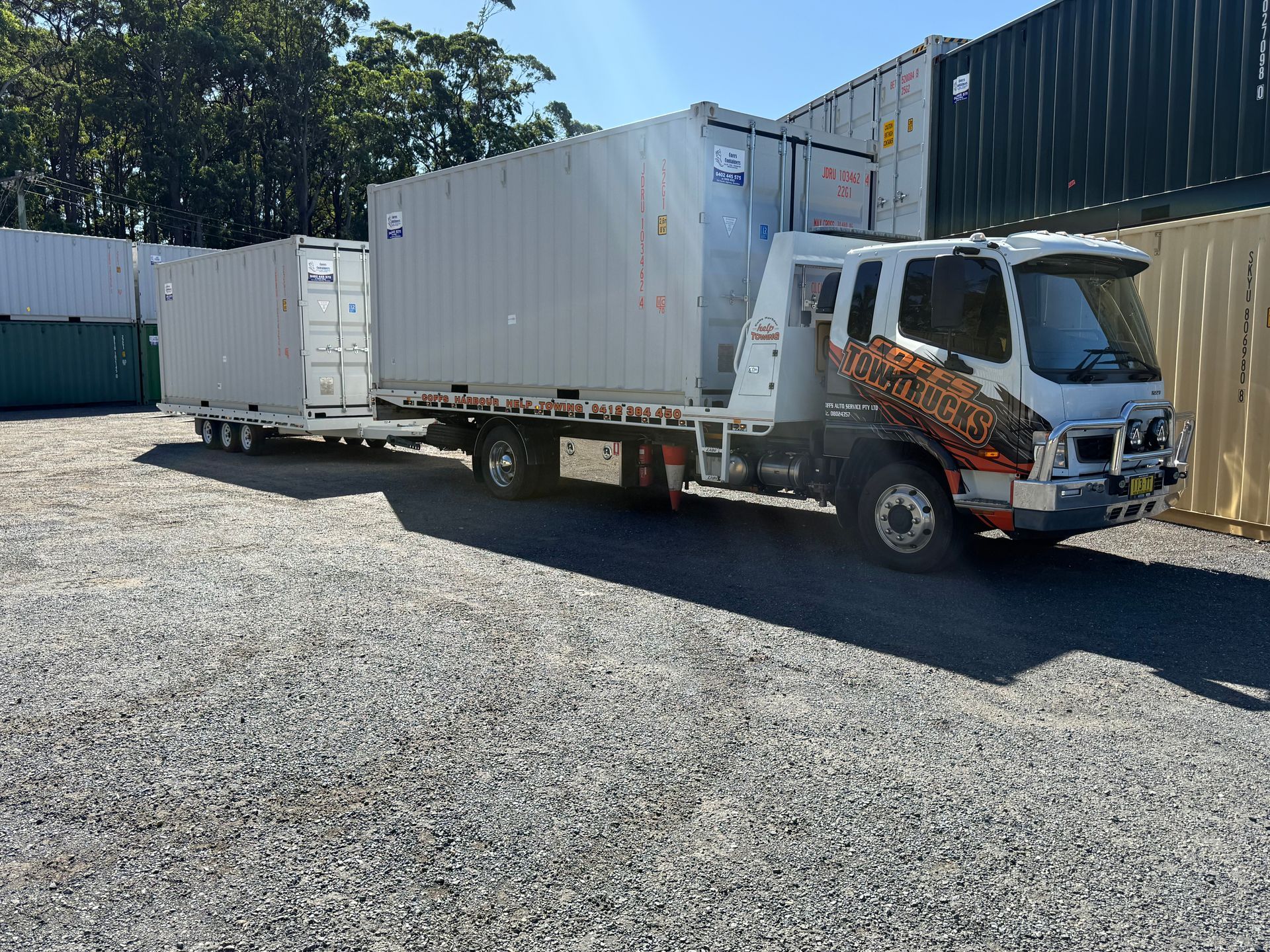 White Flatbed Truck Loaded With Shipping Containers — Coffs Tow Trucks In North Boambee Valley, NSW