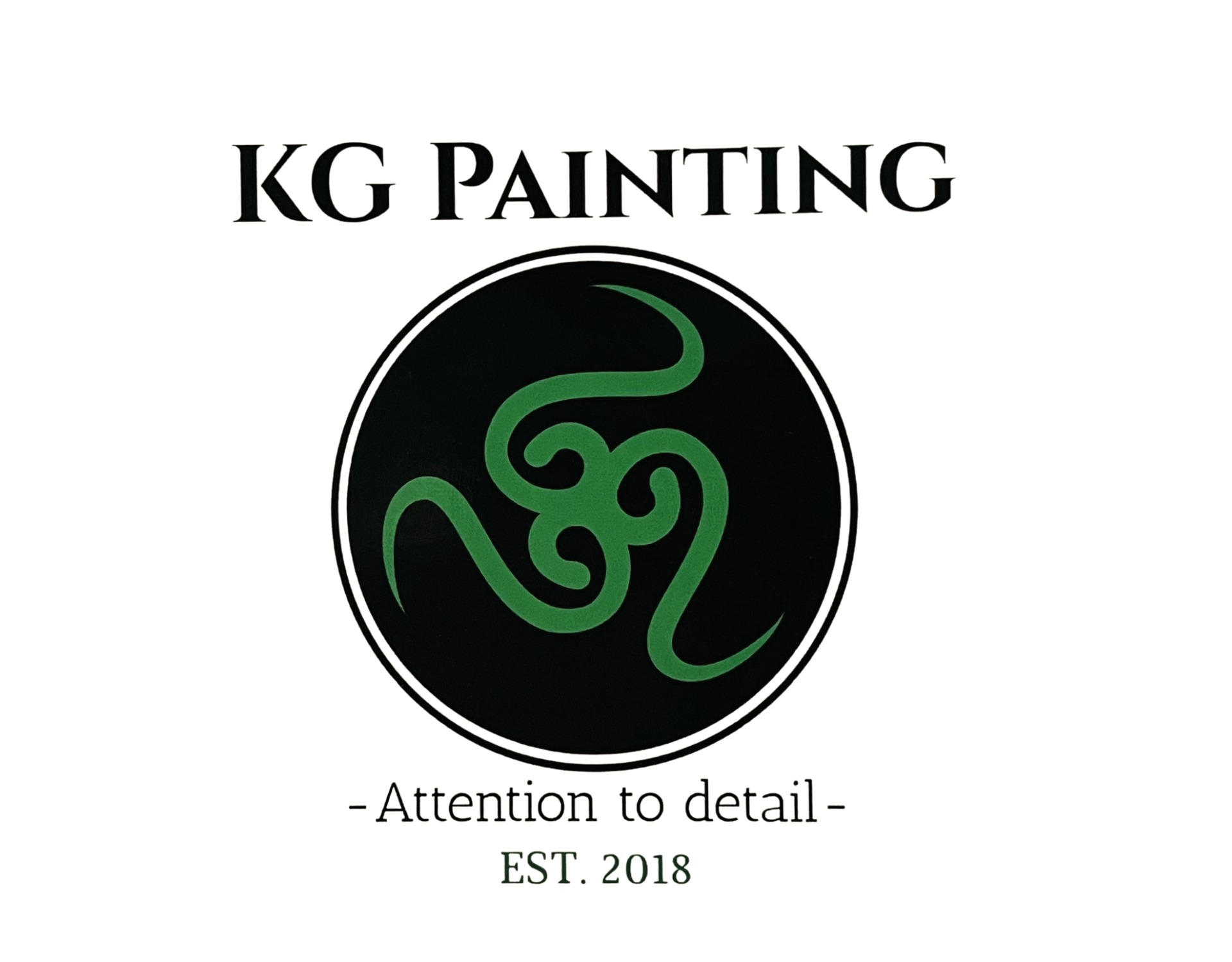 A logo for kg painting with a green snake in a circle.