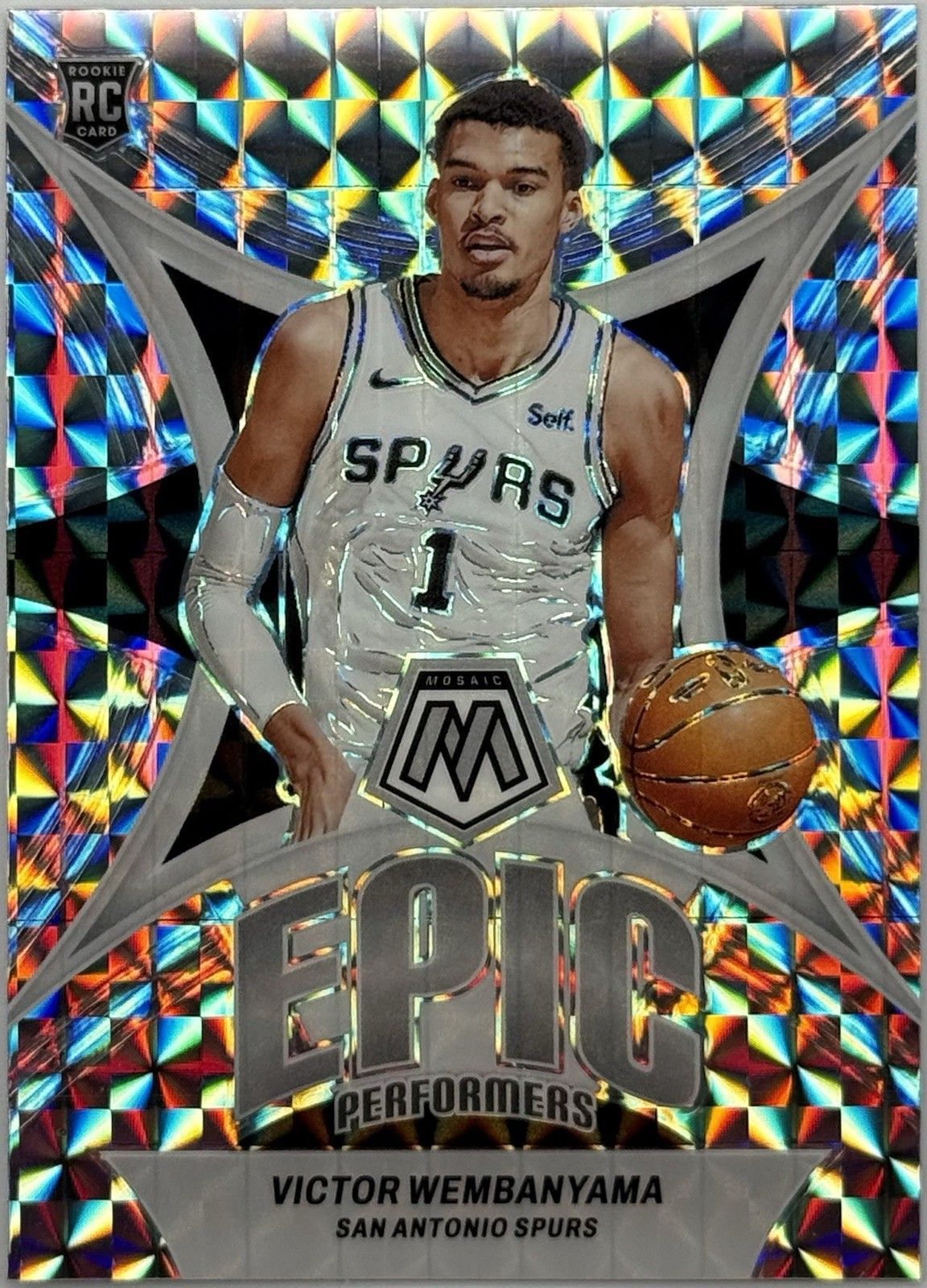 Victor Wembanyama NBA trading card in Spurs uniform, holographic “Epic Performers” design with basketball