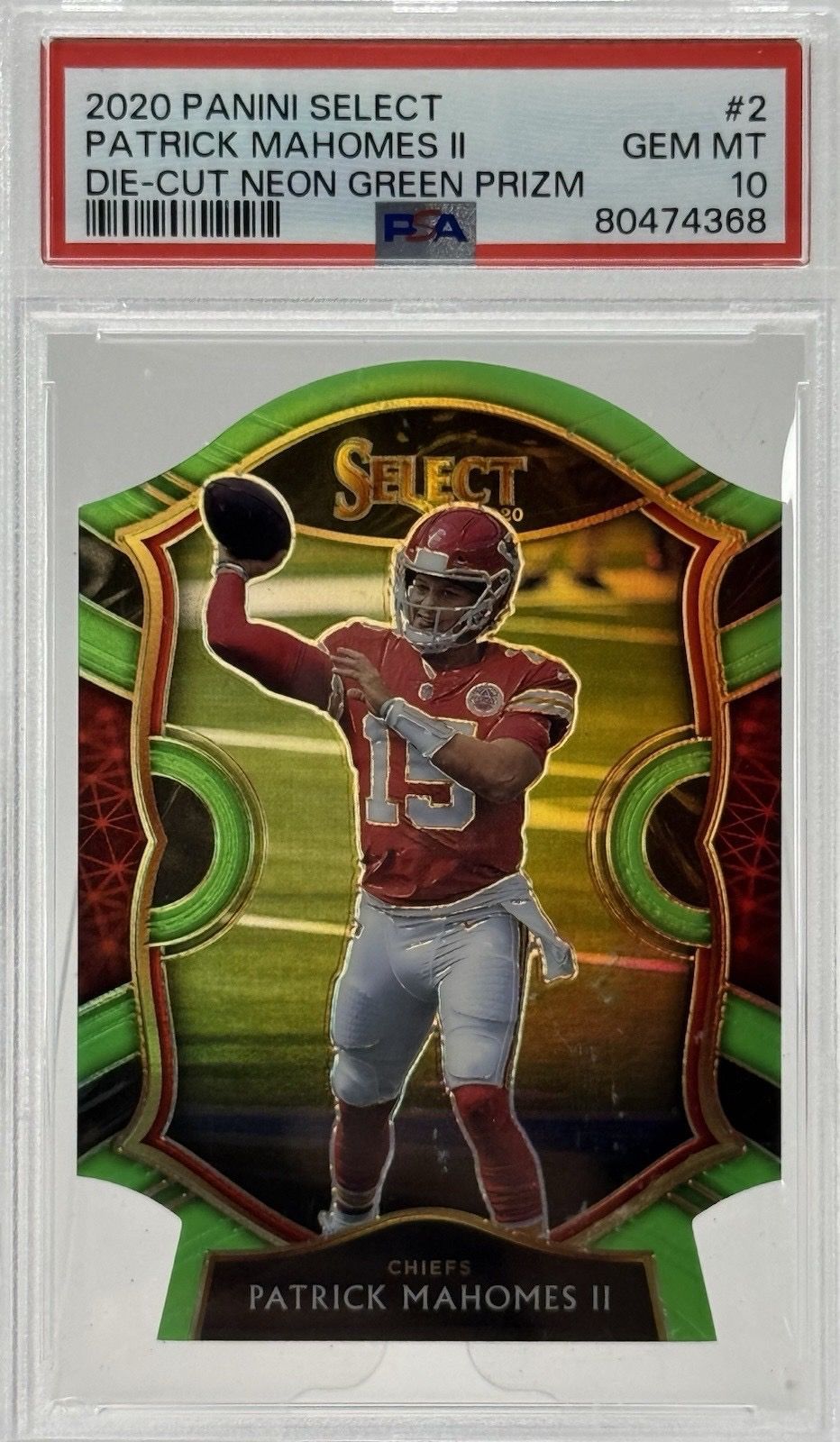 Patrick Mahomes II 2020 Panini Select football card in a PSA 10 slab, red-orange holographic border.